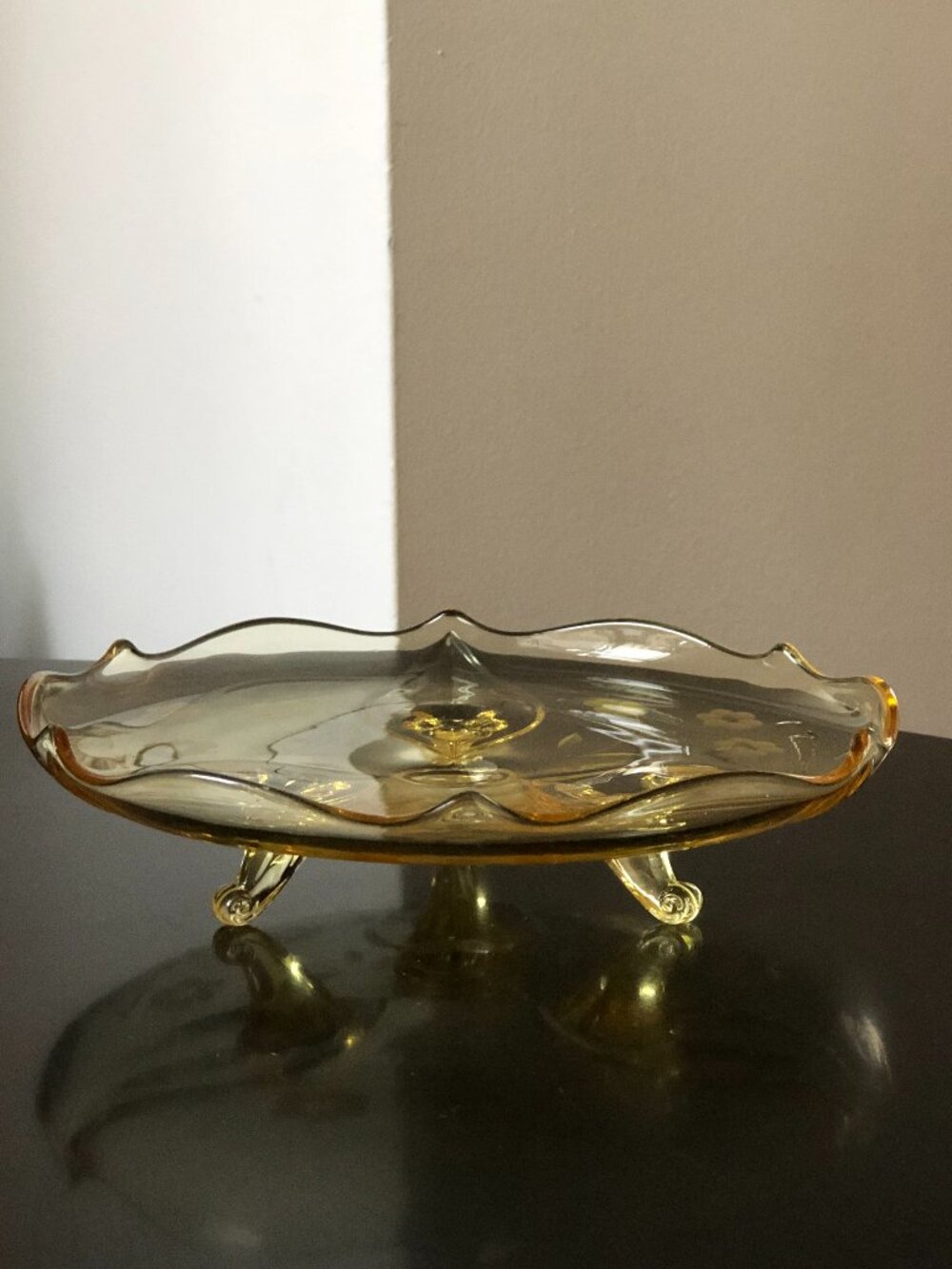 Lancaster Yellow Jubilee Depression Glass Footed Etched Petal Cake Plate Bowl